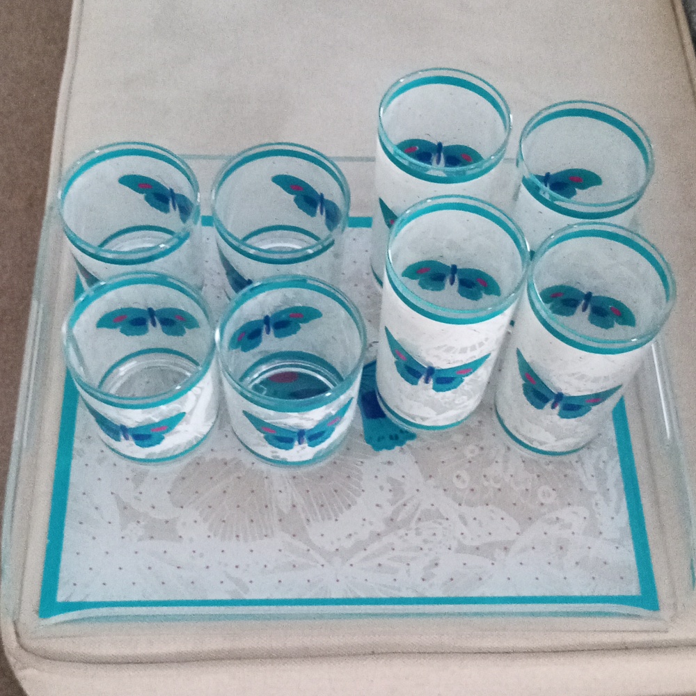 Vintage 9 Pc MCM HJ Stotter Inc Lace Butterfly Acrylic Tray And Tumblers